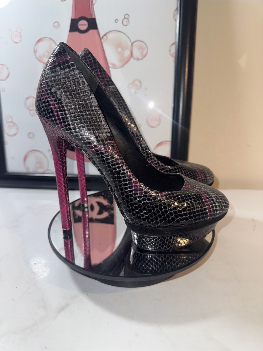 Brian Atwood Fontanne Black Snakeskin Platform Pumps - Size 6.5